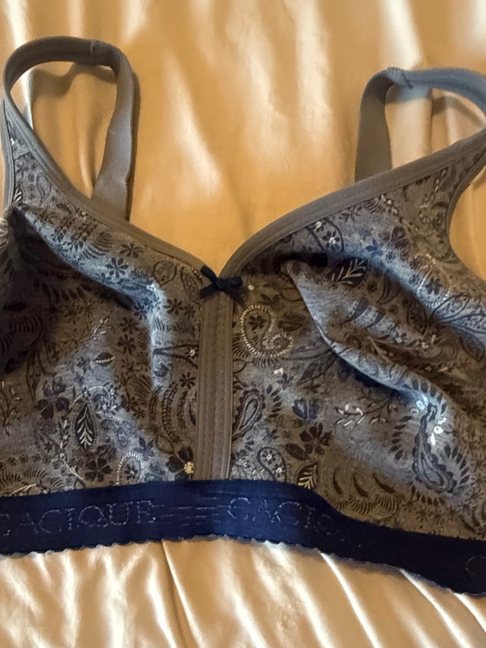 Cacique Gray Paisley Wireless Unlined Full Coverage Bra with Navy Band